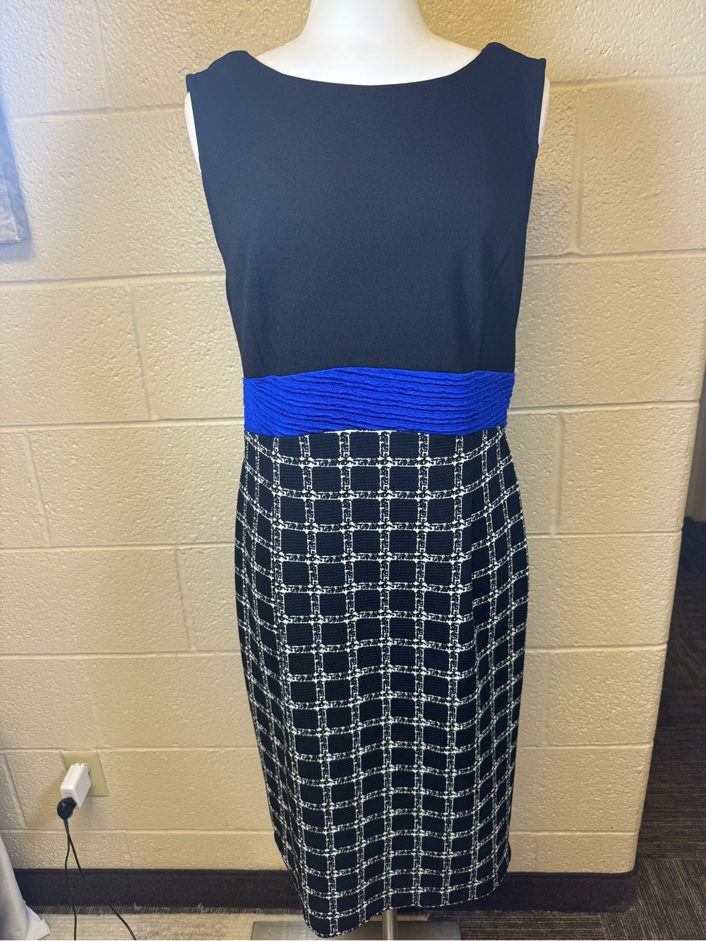 Maya Brooke Black Midi Dress with Blue Ruffle Waist and Geometric Pattern
